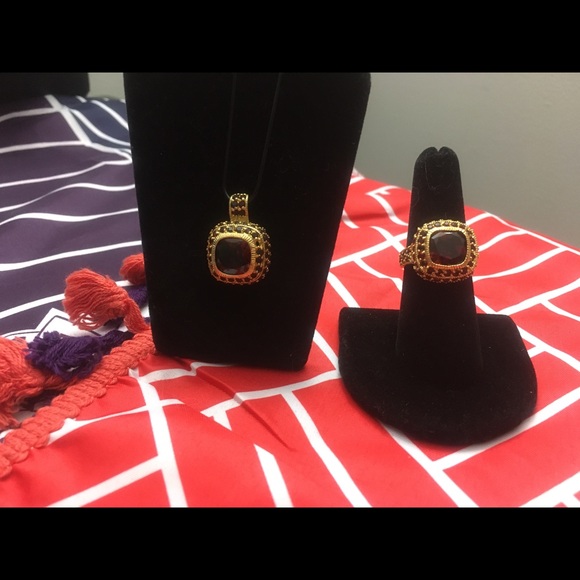 925 Silver Gold Plated Garnet CZ Pendant Ring Set - Picture 2 of 16